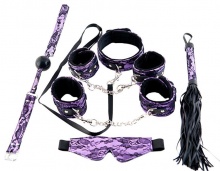 Кружевной наборTOYFA Marcus фиолетовый: маска, наручники, оковы, ошейник, флоггер, кляп - интим магазин Точка G